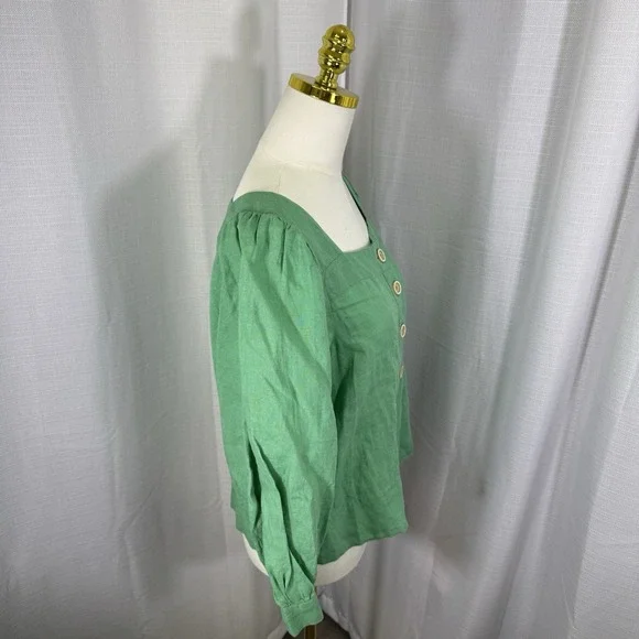 NEW J. Crew 100% Linen Women's Medium Green Top Blouse Preppy Office Puff Sleeve - Picture 3 of 12